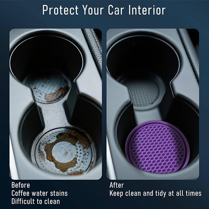 KULOLO Car Cup Holder Coaster 4 Pack - Non Slip & Shockproof,Flexible PVC Rubber Insert for Car/Truck/SUV/Van (2.75"x0.2") Universal Fit Auto Cup Holders Accessories for Women and Man (Purple)