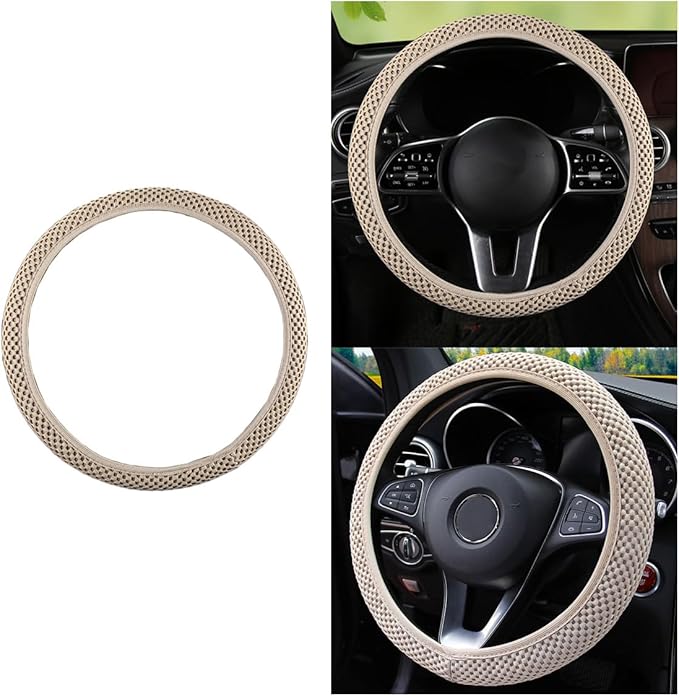 Stretch Elastic Steering Wheel Cover, All-Season Comfort, Warm in Winter & Cool in Summer, Universal 15 Inch Microfiber Breathable Ice Silk, Anti-Slip, Odorless, Easy Carry, Fit Car, SUV (Beige)