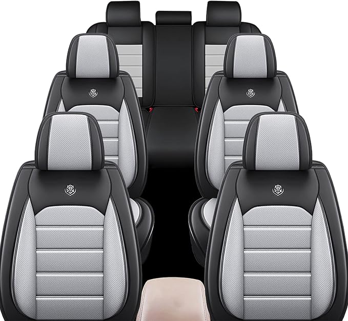 JOJ Car Seat Cover for Ford Excursion Seat Covers for Cars 2000-2005,Leather Waterproof Car Seat Covers Full Set,All Weather Tech Car Seat Protector,8 Seats Black Gray
