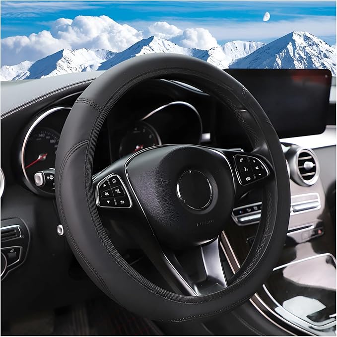 Car Steering Wheel Cover, Leather Elastic No Inner Ring Vehicle Steering Wheel Protector for 14.5-15Inch, Anti Slip Auto Interior Protection Accessories, Universal for SUV Sedan Truck (Black)