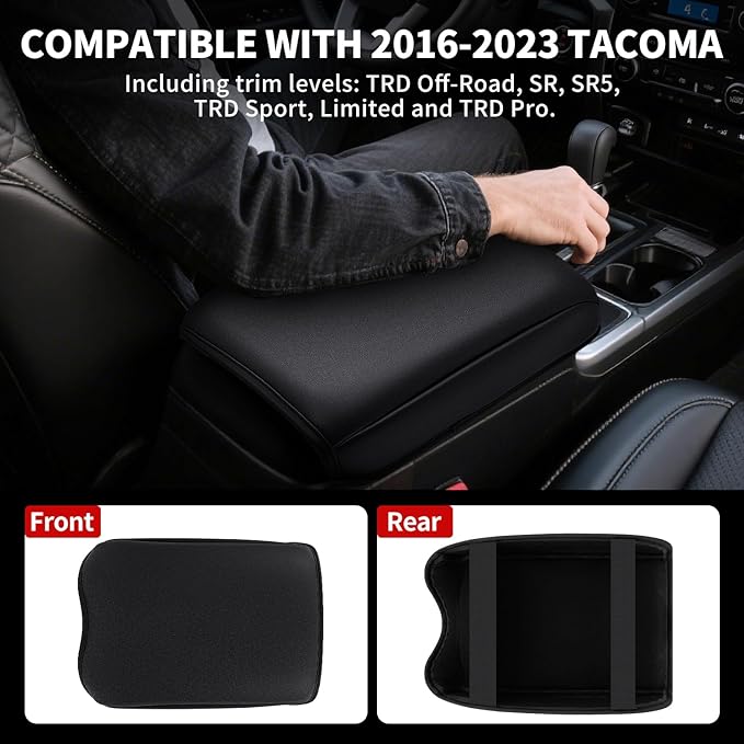 Center Console Cushion Compatible with Toyota Tacoma 2016-2023 Accessories, Premium Leather Arm Rest Cover Pad, Car Middle Console Cover (Black)