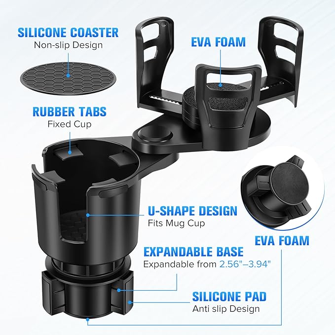 Car Cup Holder Expander, Universal 2 in 1 Large Cupholder Expander Adapter for Car with Adjustable Base, Fits Large Bottles, Snack, Drinks Cups, Black