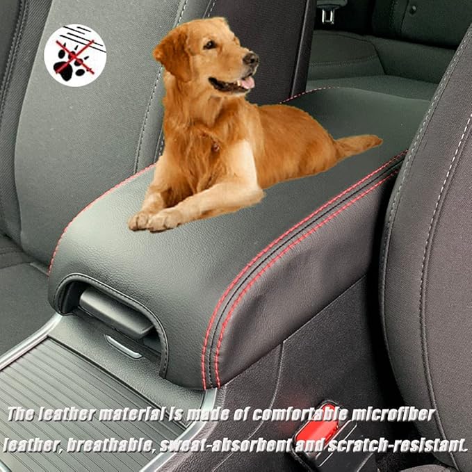 BOYUER Center Console Cover Armrest Leather Pad Cover Compatible With Dodge Charger 2011-2023/Chrysler 300 2015-2023（Black and Red Neoprene）