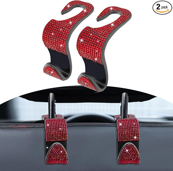 2PCS Car Seat Hooks, Purse Hook for Car, Crystal Rhinestone Vehicle Backseat Purse Holder, Auto Accessories Diamond Auto Seatback Storage Organizer Hanger for Handbag Clothes Purse (Red)