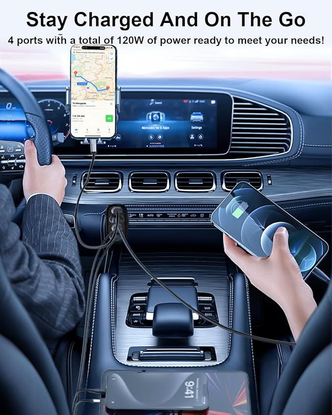 Fast Car Charger USB C, Cigarette Lighter Adapter, 4 Port 120W Dual Type C & USB A Car Charger Adapter PD/QC Fast Charging for iPhone 16/15/Pro Max, iPad, Samsung Galaxy, Pixel, Android