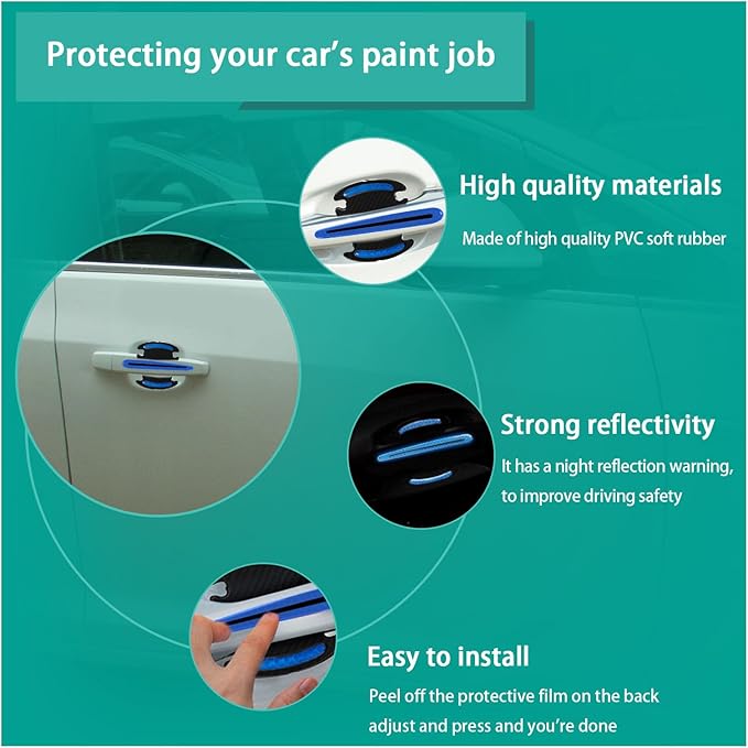 Augeny 8 PCS Car Door Handle Protector Reflective Stickers, Universal 3D Carbon Fiber Auto Door Handle Paint Guard, Anti-Scratch Car Door Bowl Protective Film for Most Cars (Blue)