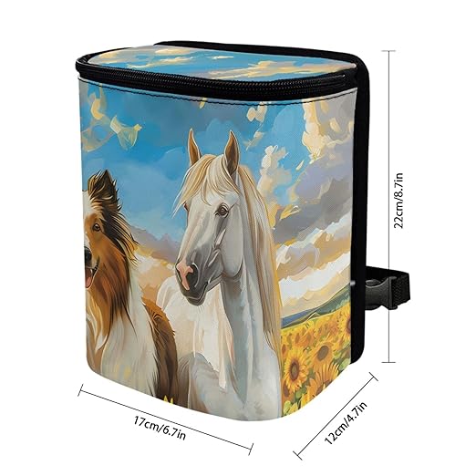 Rustic Style Collie Horse Car Garbage Container, Artistic Vehicle Trash Bin for Animal Lovers Leak-Proof Zipper Design for Back Seat