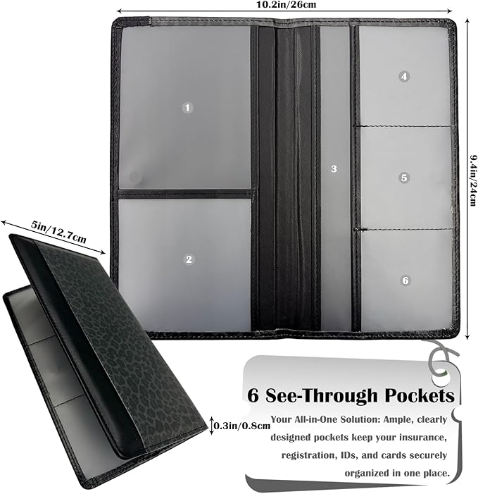 FinestHouse Car Registration and Insurance Holder with Magnetic Closure, Universal Document Organizer for License, Insurance Cards & Glove Box Storage (Leopard-Black)