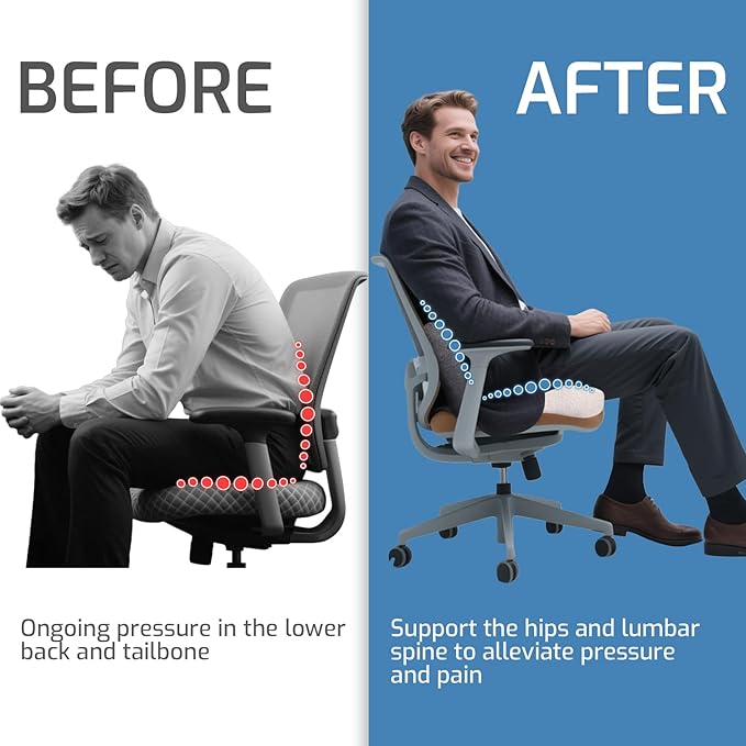 XZdream Memory Foam Seat Cushion,Office Chair Cushion with Lumbar Support for Back Pressure Relief, Car Seat Cushion with Adjustable Strap,Sciatica Pad Cushions for Car,Truck, Desk,Gaming Chair