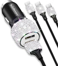 Bling USB Car Charger 5V 2.4A White Crystal Decor Dual Port Fast Adapter with 4ft Nylon Type C Micro USB 3 in 1 Multi Charging Cable for iPhone iPad Android, Auto Interior Accessories for Women