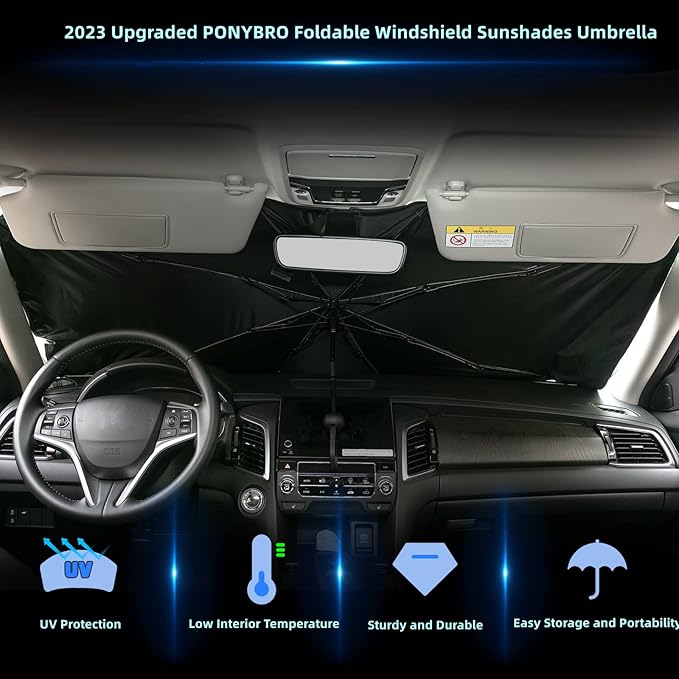 PONYBRO Foldable Windshield Sun Shade Umbrella for Cars,SUVs, MiniTrucks and Vans,Universal Fit Sturdy Frame Sunshade with UV 100% Block & Heat Insulation, Full-Coverage Sunshade 57" x 31.5" inches.