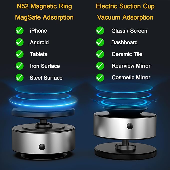 Vacuum Magnetic Phone Holder, 360 Rotatable Suction Cup Phone Mount with Electric Suction Cup Suitable for Car/Dashboard/Gym/Mirror/Bathroom/Smooth Surface, Compatible Magsafe iPhone & Android (Black)