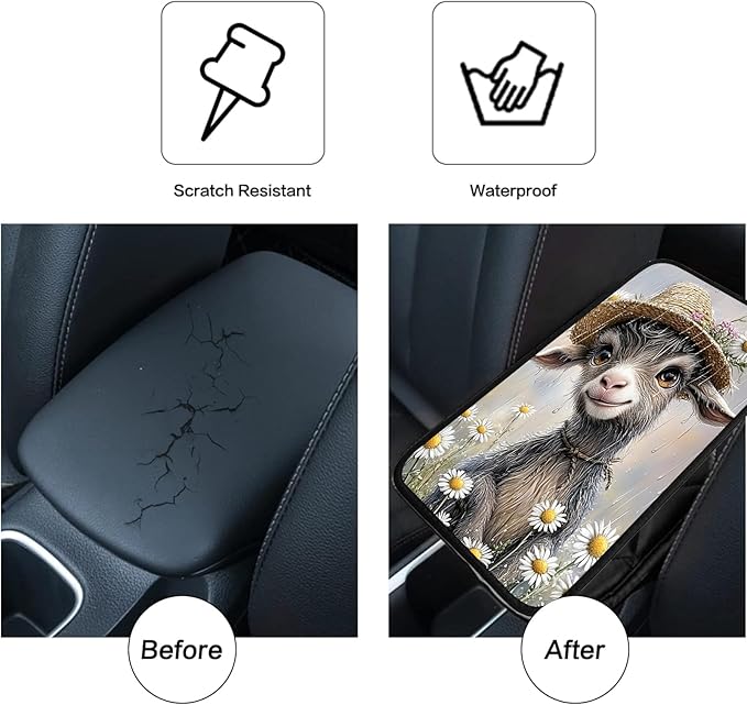 JANENFNA Car Armrest Cover Pads Universal Fashion Cute Auto Center Console Armrest Cover Pad with 2PCS Car Coasters Soft Waterproof Car Armrest Seat Protector for Women,Goat in Daisy Rain