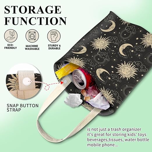 Car Trash Can, Cute Car Trash Bag, Hanging Car Organizer and Storage Bag, Trash Bin for Car Accessories, Vehicle, Travelling, Camping Gold Celestial Moon