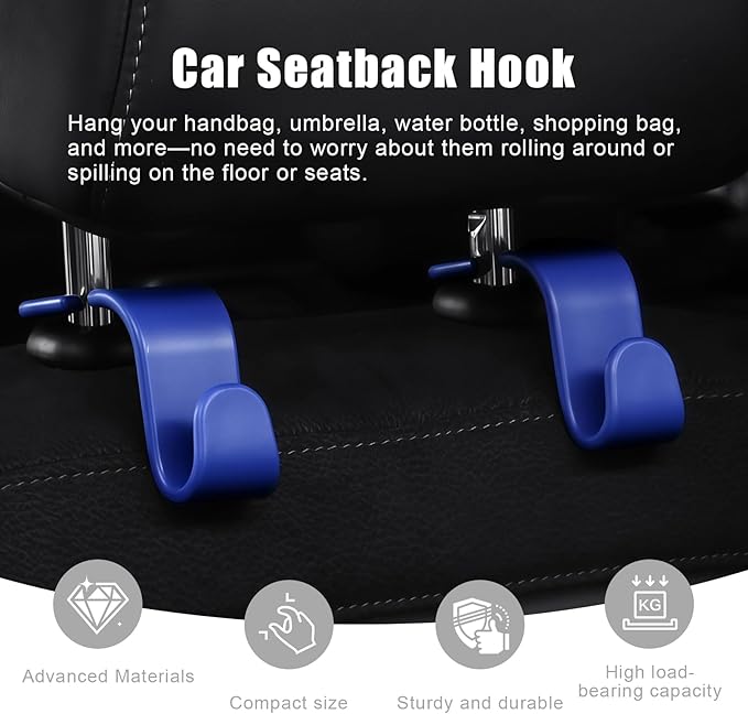 4 PCS Car Headrest Hooks - 360 Rotatable Auto Back Seat Storage Organizer, Universal Vehicle Car Organization Hangers for Purses, Bags, Cloths & Water Bottles Hook Seat Accessories, Blue