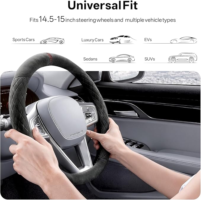 PAUUOOA Alcantara Sports Steering Wheel Cover 14.5" to 15" Fit - Anti-Slip Comfort Grip, Durable Soft Suede-Feel Luxury Material for Men Drivers | Fits Sports Cars, Luxury Cars, Sedans, SUVs and EV