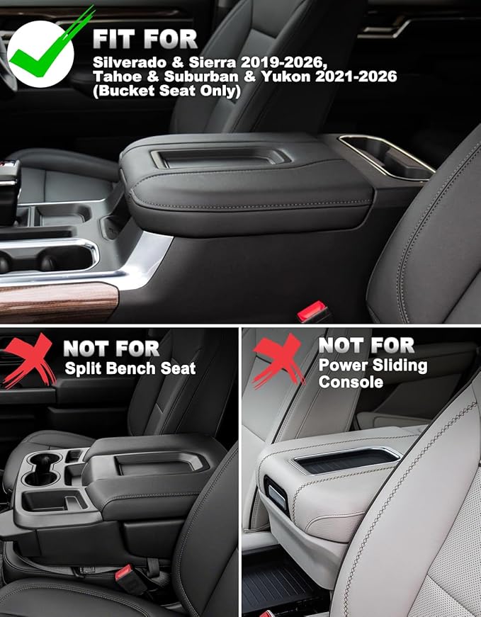 Center Console Armrest Cover for Chevy Silverado 1500 Accessories & GMC Sierra 2019-2026, Yukon & Tahoe & Suburban 2021-2026, Bucket Seat, Comfort Arm Rest Cushion Pad, Black-Gray Stitch