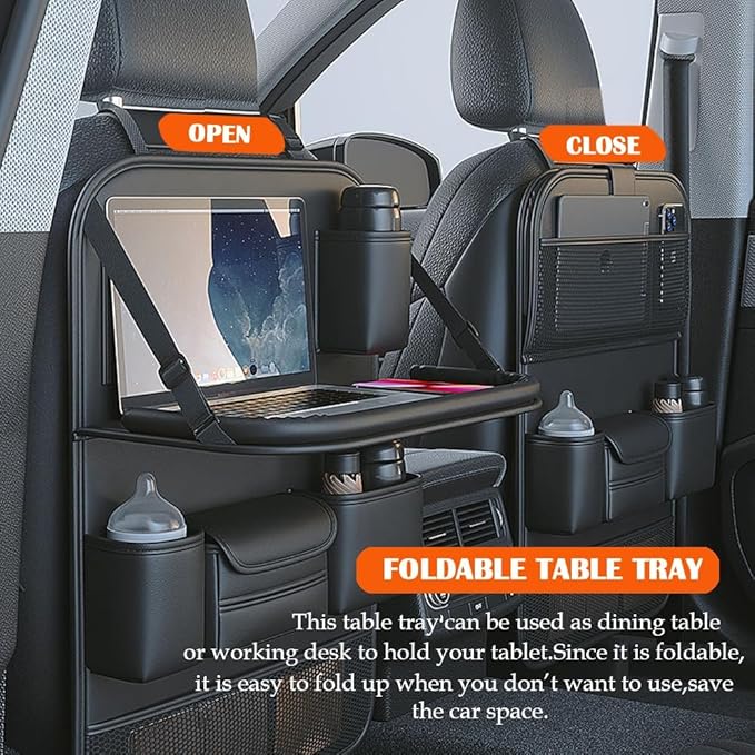 QIANKUNBAG 2 Pack Leather Car Backseat Organizer with Foldable Table Tray, Car Storage Organizer with Tablet Holder, Car Seat Back Protectors Kick MatsTravel Accessories
