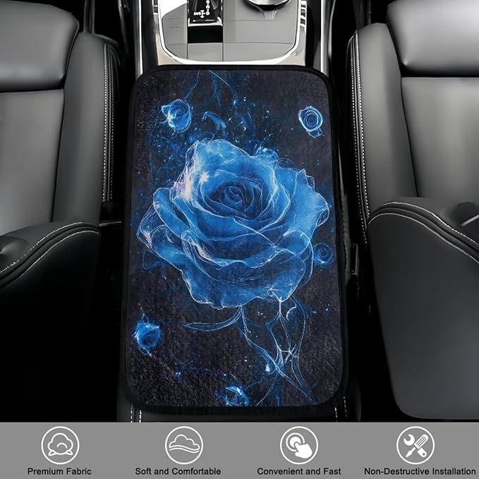 Bulopur Blue Rose Auto Armrest Console Cover Flannel Arm Rest Cover Car Flannel Warmth Car Console Covers Protect from Pet Claws for Most Vehicle, SUV, Truck, Car