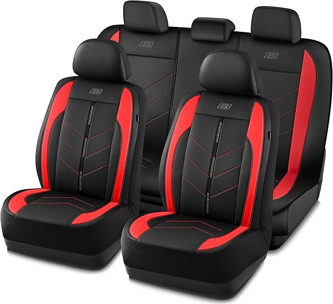 Skechers Car Seat Covers,Luxury Faux Leather Seat Covers,Waterproof Anti Slip Car Seat ProtectorFull Set,Car Accessories Airbag Universal Fit for Most Cars,Vans,Trucks,SUV,Red