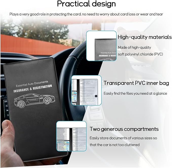 Car Registration and Insurance Holder, 10.39''×9.56'' Essential Auto Card Document Glove Box Organizer with Closure, Universal Car Interior Accessories (Black, Smooth Car)