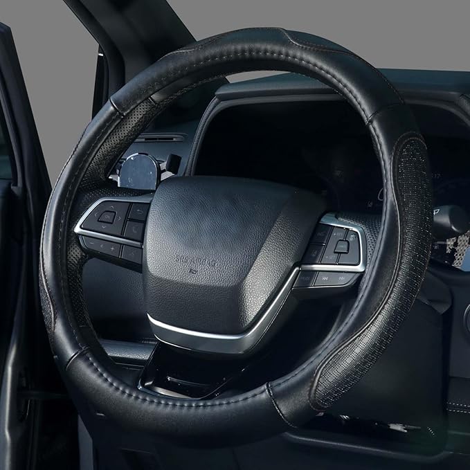 KAFEEK Genuine Leather Steering Wheel Cover 15 inches, Pure Cowhide Steering Wheel Cover Men Women, Car Accessories for Car SUV Truck, Black