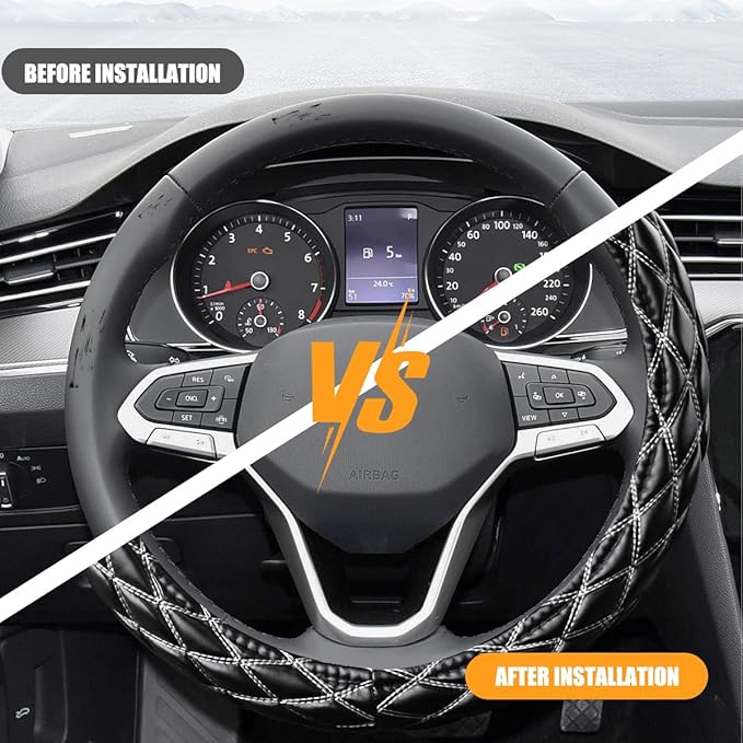 Car Steering Wheel Cover, 15" Soft Rubber Foldable Vehicle Steering Wheel Protector with Anti-Slip Lining, Automobile Interior Decoration Accessories, Universal for Most Vehicles (Black/White)