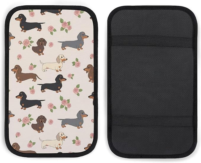 Car Armrest Cover Cute Dachshund Floral, Soft Cushion Pad for Auto Center Console Handrail Box, Universal Fit for Most Cars