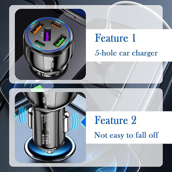 5 Port Fast Car Charger Adapter,12-24V Car Charger USB C & 30W QC3.0/3.1A Port with Reinforced Contacts & Lighting,75W Vehicle Accessories Cigarette Lighter USB Chargers (Black)