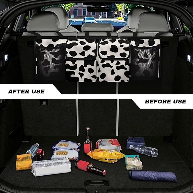 SEANATIVE Cow Print Car Trunk Organizer, Auto Waterproof Sturdy Backseat Hanging Large Storage Collapsible Cargo Bag with Anti-Slip Adjustable Strip, Vehicle Interior Accessories for Woman