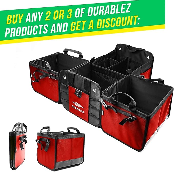 DURABLEZ XL Trunk Organizer 4-Section Modular System – Extra Large Car Cargo Storage, Foldable Multi-Compartment Bin for Groceries, Gear & Travel – High-Density Structure – Red