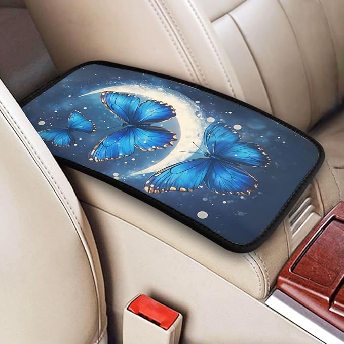 Universal Car Center Console Cushion Pad, Blue Butterfly Moon Soft Waterproof Car Center Console Cover Auto Armrest Seat Box Cover Protector for Most Vehicle SUV Truck Car