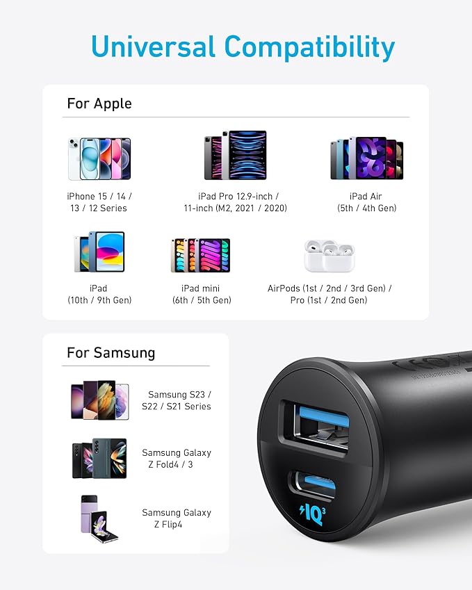 Anker USB-C Car Charger, 30W 2-Port Type-C Car Adapter, iPhone Car Charger with Power IQ 3.0, for iPhone 17/16/15/14/13 Series, Samsung Galaxy S25/S24/S23/S22/S21 Series, iPad Pro, AirPods, and More