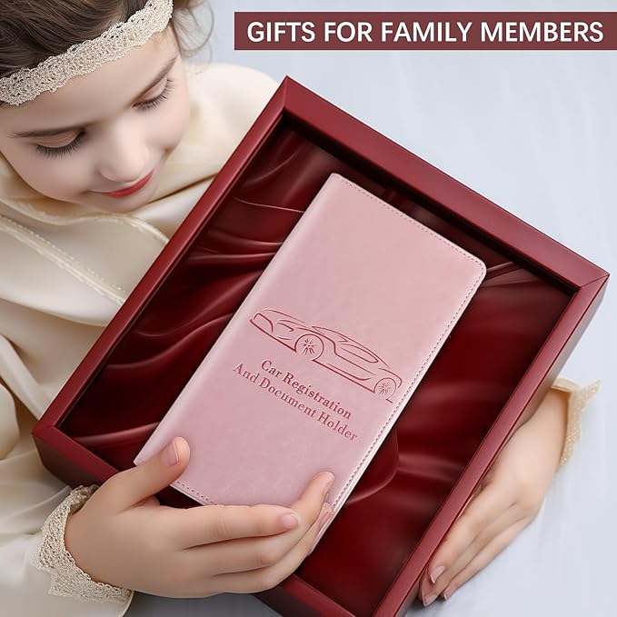 Peisicne Car Registration and Insurance Card Holder for Women Men, Pink Glove Box Paperwork Organizer with Magnetic Buckle for Easy Access and Protect Documents and Various Cards in Vehicle