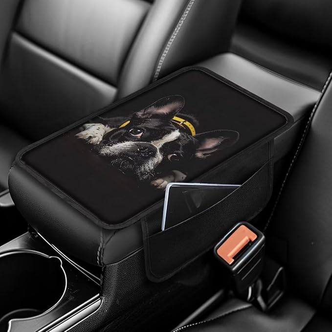 Boatee Dog Console Cover for Car Arm Rest Pad for Auto Center Console Mat Universal Armrest Cushion Automotive Accessories Comfortable Armrest Storage Box Mat Stylish Decor with Pockets Black