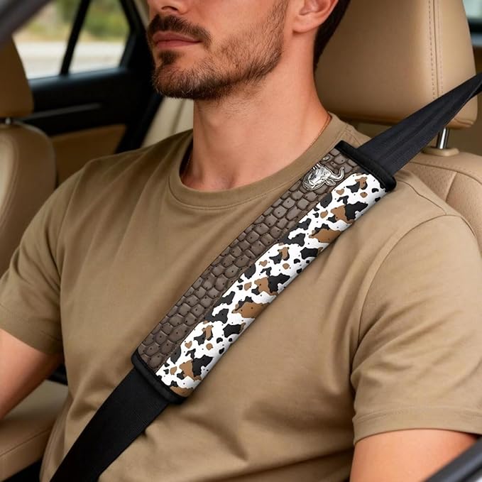 Qeluxign Cow Print Bull Automotive Seat Covers 5 Piece Universal Fit Car Accessories with Soft 2 Pack Seat Belt Cover Pads and Center Console Armrest Covers for SUV Truck Interior Set