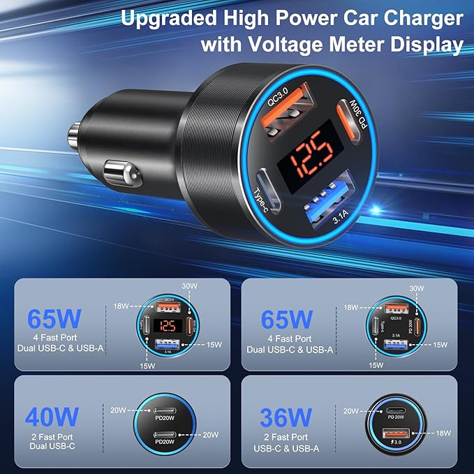 USB C Car Charger, 65W 4-Port Super Fast Charging Cigarette Lighter Adapter Multiport Dual 12V USB-A & USB-C Car Phone Charger with Battery Voltage Meter for Marine,Boat,Car Automotive,iPhone
