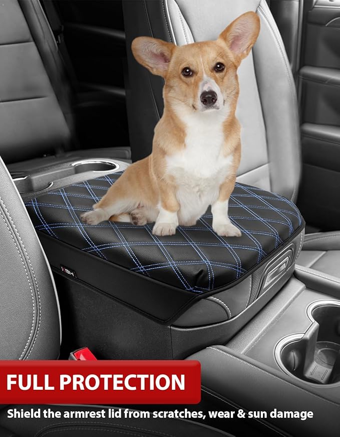 KBH Center Console Armrest Cover for Chevy Silverado GMC Sierra 2019-2026, Tahoe Suburban Yukon 2021-2026, Bucket Seat, Vinyl Leather Trim, Anti-Scratch, Black-Blue Stitch
