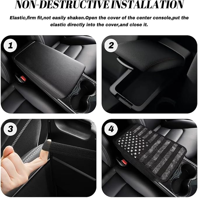 Boatee USA Flag Center Armrest Cover Dust-Proof Armrest Cover for Car Armrest Storage Box Mat Console Cover Automotive Armrests Comfortable Interior Protection with Pockets Black