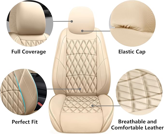 NS YOLO Leather Car Seat Covers,Universal Fit for Most Cars,SUVs and Sedans,Waterproof Luxury Leatherette Cushions, 2 Seats Protectors (Beige, Front Pair-2 Seats(Driver and Passenger))