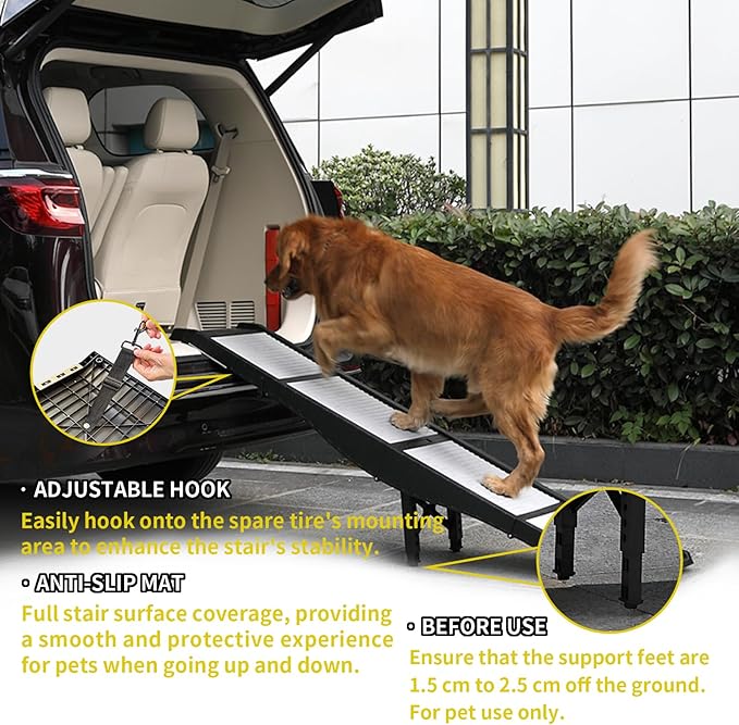 BAQTALE Foldable Dog Ramp for Cars 8 Adjustable Heights with Support Leg, Non-Slip Surface, Portable Pet Ramp for Small, Medium & Large Dogs up to 220lb, Carry-on Size Outdoor Ramp