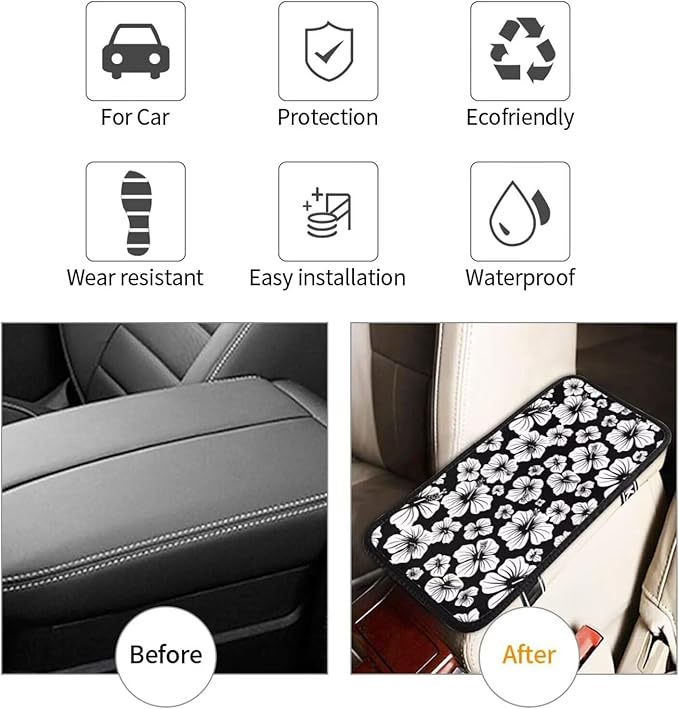 Hibiscus Flower Center Console Cover Aloha Tropical Armrest Covers Car Truck Interior Accessories Middle Console Covers Black Arm Rest Pads Fit for Most Cars Sedans Vans