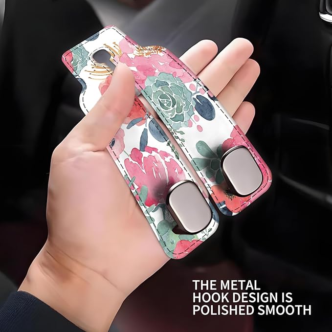 NUGGHU Car Seat Headrest Hook, Universal Leather Cute Hanger Holder Hook, Storage Organizer Interior Accessories for Purse Bags Handbag Cute Pink Flowers