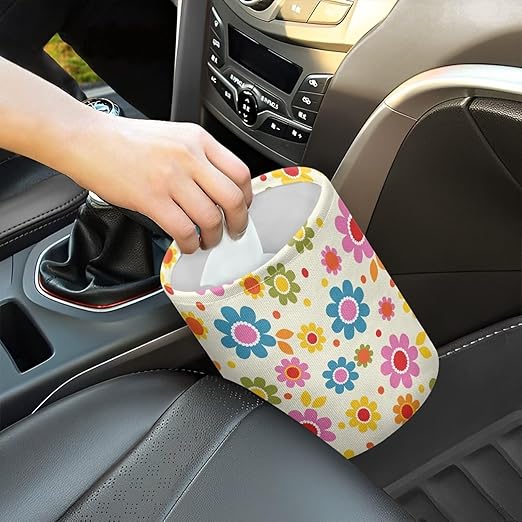 Cute Hippie Flower Mini Car Trash Bin Car Garbage Can Car Storage Bag Waterproof Multipurpose Car Organizer Car Accessories for Women Interior