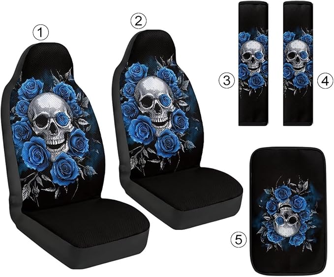 Qeluxign 5 Piece Car Seat Covers Full Set for Men Women Blue Rose Skull PU Leather Front Seats Cover Auto Seatbelt Shoulder Pads Vehicle Center Console Armrest Cover