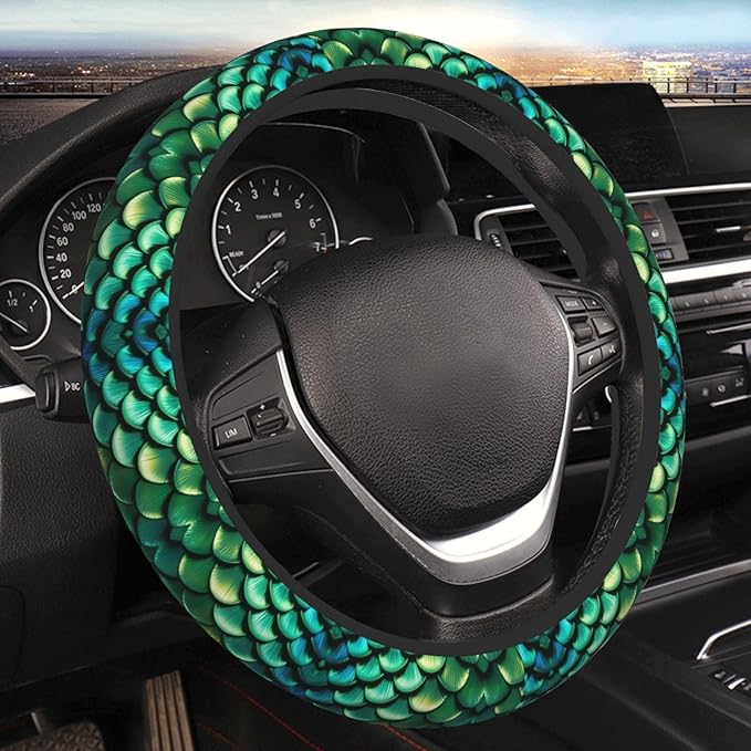 Neoprene Steering Wheel Cover Bright Green Pastel Mermaid Scales Car Steering Wheel Cover Universal Fit for Most Cars