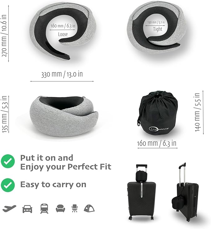 LuxeVoy 2025 Travel Neck Pillow,Stowable Hood,Ergonomic Neck Pillow Airplane,Premium Memory Foam,360º Support,Adjustable Fit,Washable Cover,Complete Travel Set,for Flight,Car and Office (Silver)