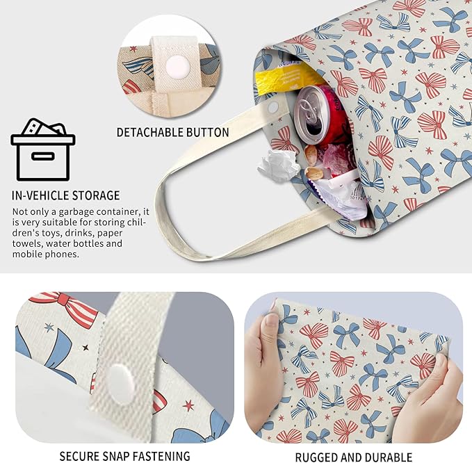AXZOPDE Cute Car Trash Can, Hanging Canvas Car Back Seat Organizer and Storage Bag, Funny Car Trash Bag for Travelling, Outdoor Cute Blue Red Bow