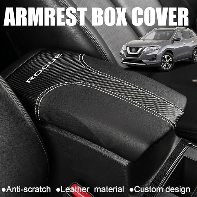 XITER Car Armrest Cover Saver, 1 Pc Center Console Leather Pad Fit for Nissan Rogue 2014-2020, 2017-2022 Rogue Sport Central Console Armrest Box Protector Interior Accessories (Carbon Fiber+Black)