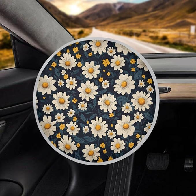 Daisy Steering Wheel Fashion Sunshade for Women Fashion Vehicle Steering Wheel Heat Reflector for SUV Vehicle Sedan Truck Gift for Holiday